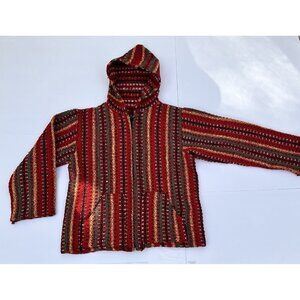 Vintage Mexican Blanket Baja Hoodie Sweater Jacket Knit Kids Size 12 Red Green